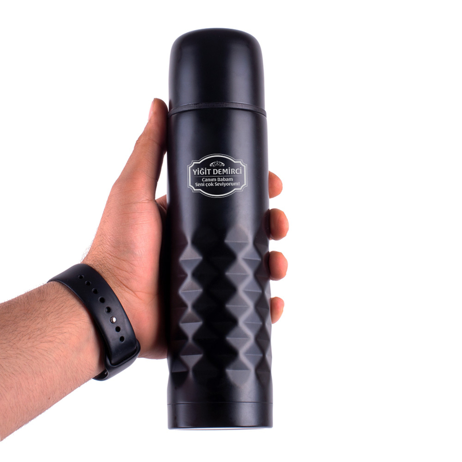 Hediyesec - Babaya Hediye Çift Katlı Kapaklı Siyah Çelik Termos Matara 0,50 Litre