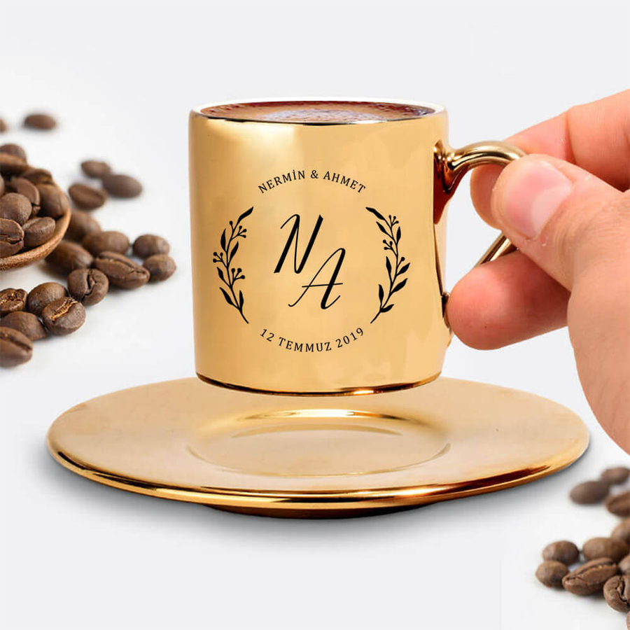 Hediyesec - Baş Harfli Çiftlere Özel Gold Kahve Fincanı