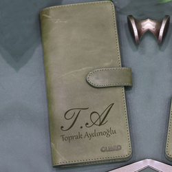 İsme Özel Antik Yeşil Kart ve Para Slotlu Deri Telefon Cüzdanı - Hediyesec