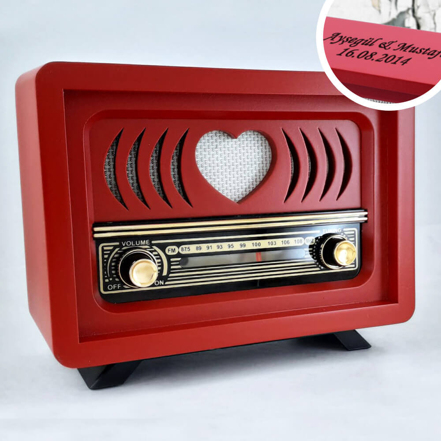 Kalp Tasarımlı Anneye Hediye Nostaljik Ahşap Radyo - 1