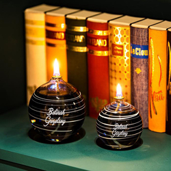 Kişiye Özel Hareli Küre Cam Kandil 2'li Set + Kandil Yağı Hediyeli - Hediyesec