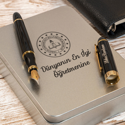 Öğretmene Hediye Mesajlı İsme Özel Siyah Gold Dolma Kalem - Hediyesec